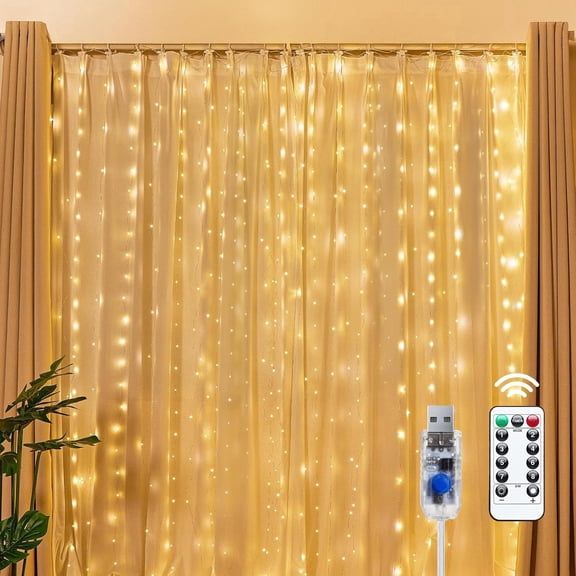 300 LED Fairy Curtain Lights, 9.8ft x 9.8ft String Lights | USB Plug in 8 Lighting Modes Christmas String Hanging Lights with Remote for Bedroom Indoor Outdoor Party Xmas Warm,Warm White