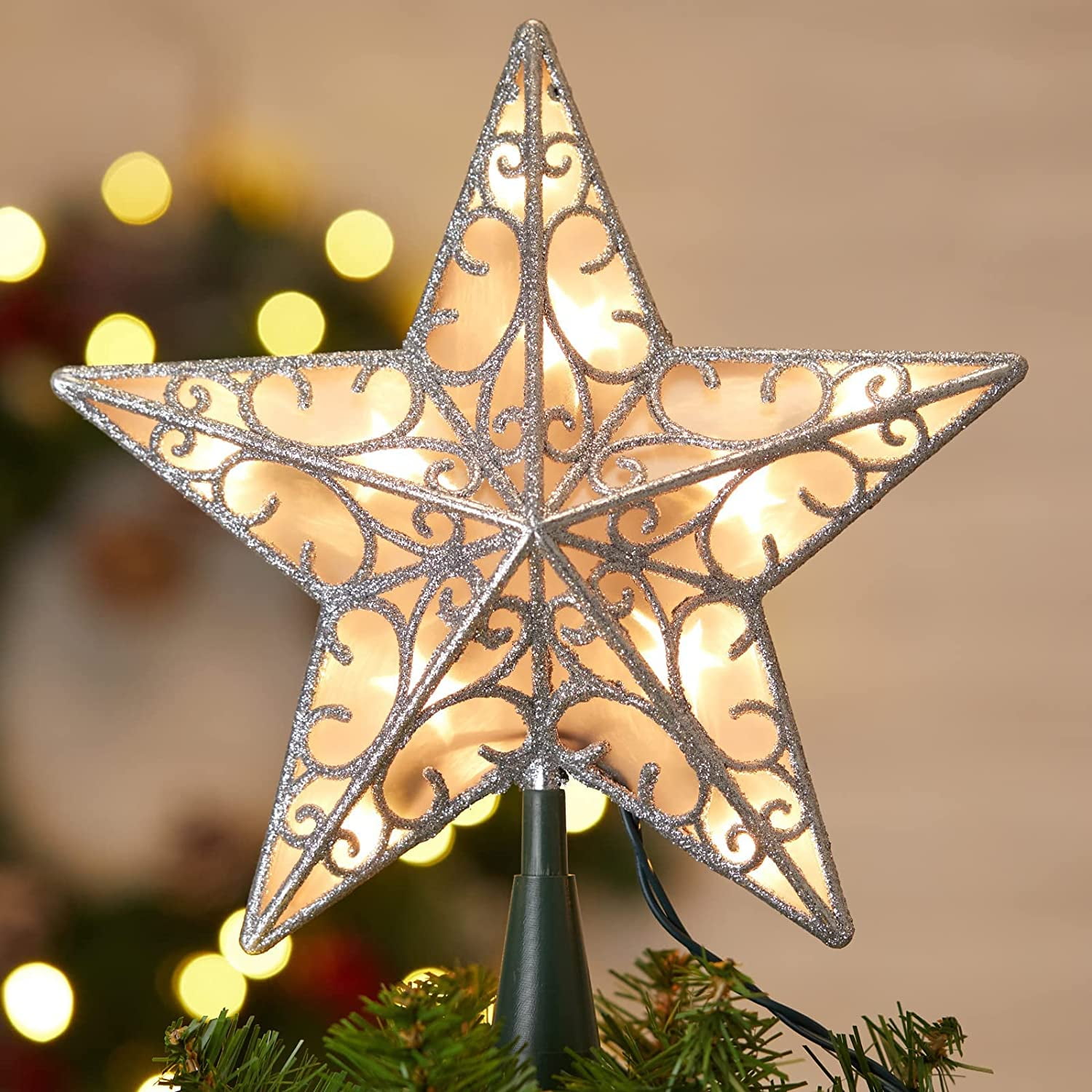 Brightown Christmas Star Tree Topper, Plug in Sliver Glittered 3D Star