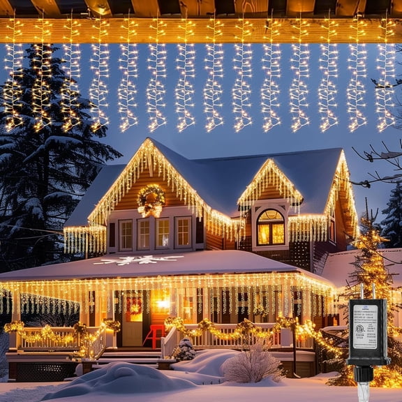 Brightown Cluster Icicle Lights Outdoor, 10FT 480 LED Curtain Fairy Lights with 12 Mode,Hanging String Light with Timer, Waterproof Firecracker Christmas Light Outdoor for Bedroom, Warm White