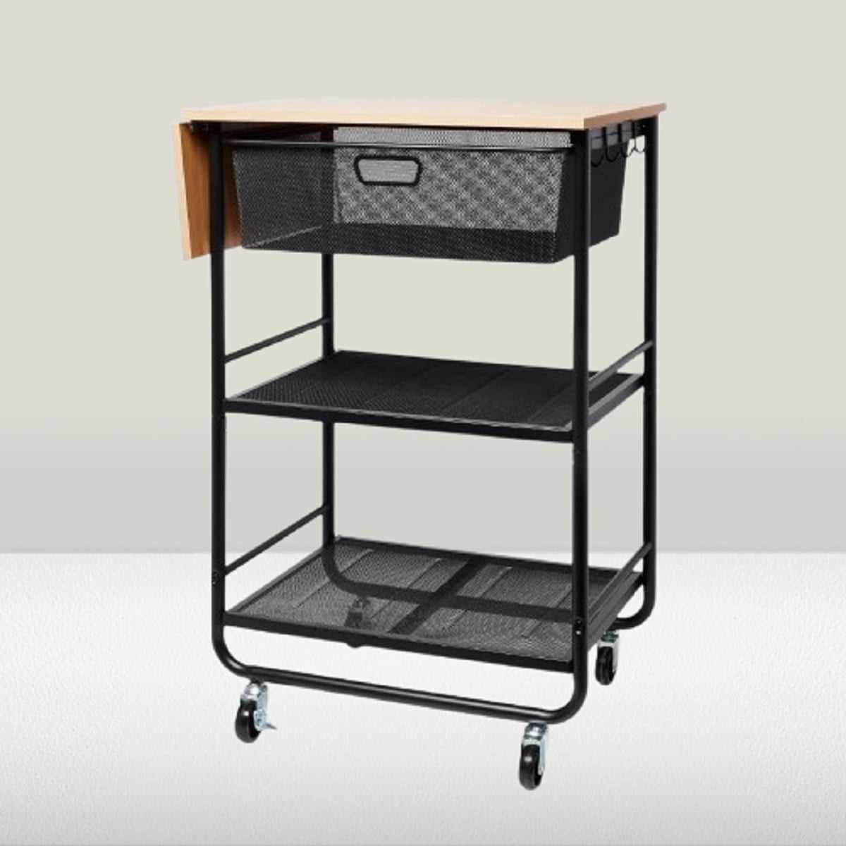 Black Metal Storage Cart with Mesh Drawer and Wood Top