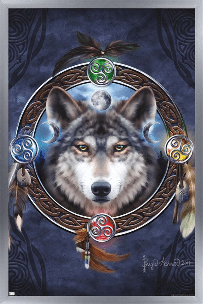 Brigid Ashwood - Celtic Wolf Guide Wall Poster, 14.725" x 22.375", Framed