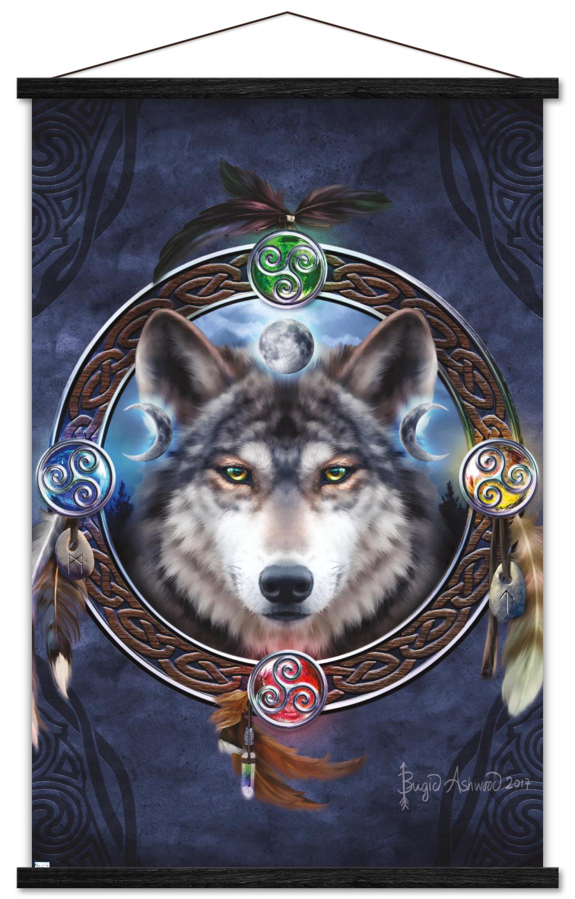 Brigid Ashwood - Celtic Wolf Guide Wall Poster with Wooden Magnetic Frame, 22.375" x 34"