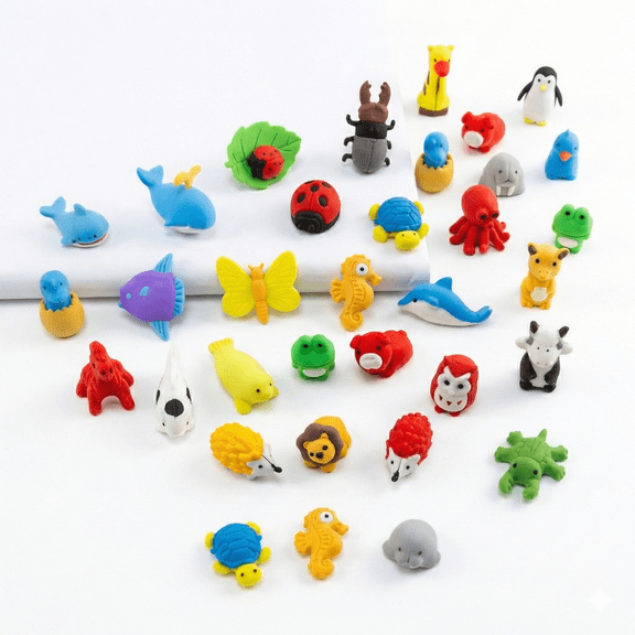 Brigita Animal, Food, & Dinosaur Pencil Erasers, Assorted Colors, 40 Count