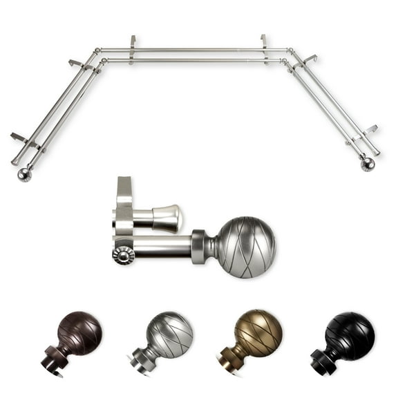 Brigitte 13/16" Double Bay Window curtain rod Adjustable 20"-36", 38"-72" - Satin Nickel,(ABay-84-5D)