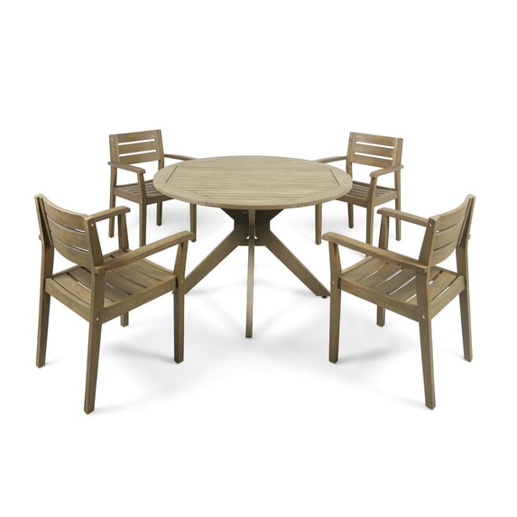 Brigitte Outdoor 5-Piece Round Acacia Wood Dining Set, Gray