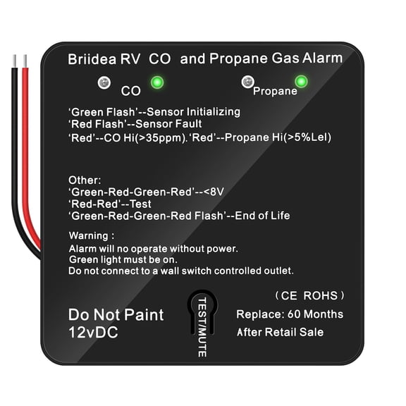 Briidea Dual LP/CO Detector with Separate LED Indicator Light, 100dB Loud Alarm, 12 VDC, Black