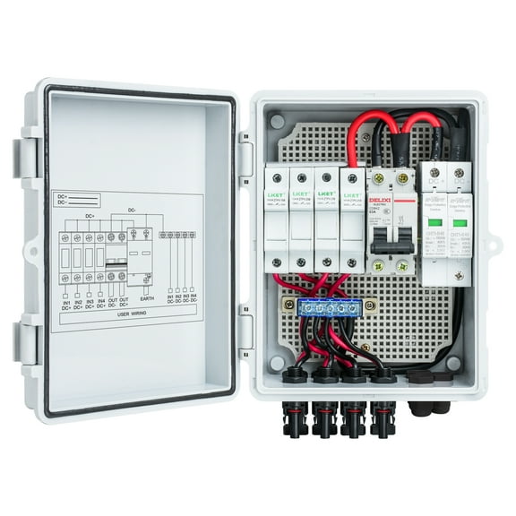 Briidea PV Combiner Box 4 String with 10A Circuit Breakers & Lightning Arreste for Solar Panels