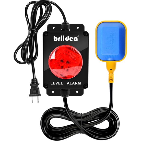 Briidea Sump Pump Alarm, 110dB Audible Alert, LED Indicator, 10ft Float Switch, for Septic/Sump/Pond/Water Tank, 1 Pack