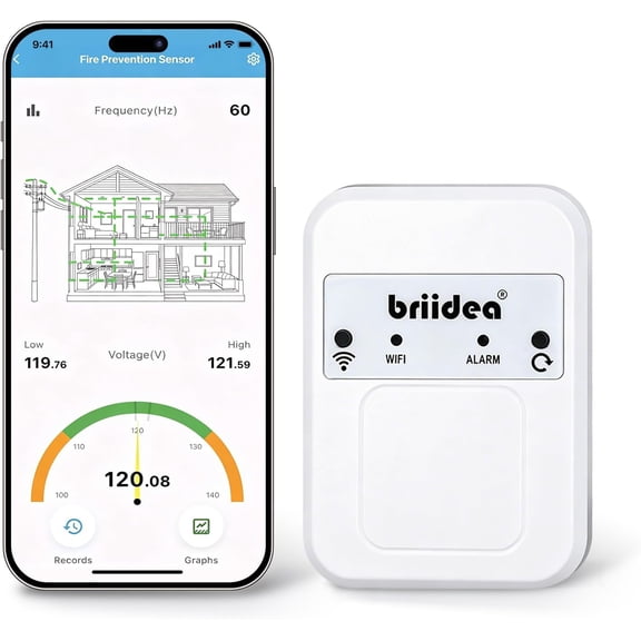 Briidea WiFi Electrical Fire Prevention Sensor, App Notifications & Warning Light, SMS/Phone Alerts Require Subscription, 24/7 Monitoring