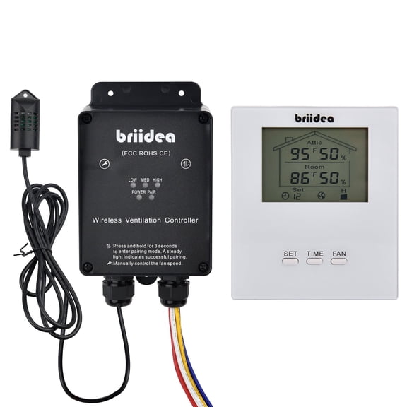 Briidea Wireless & Portable RF Remote Control Kit with Exclusive Temp/RH Detection and Large Display Screen, Compatible with Quiet Cool Whole House Fan and All 1 2 3 Speed Exhaust Fans