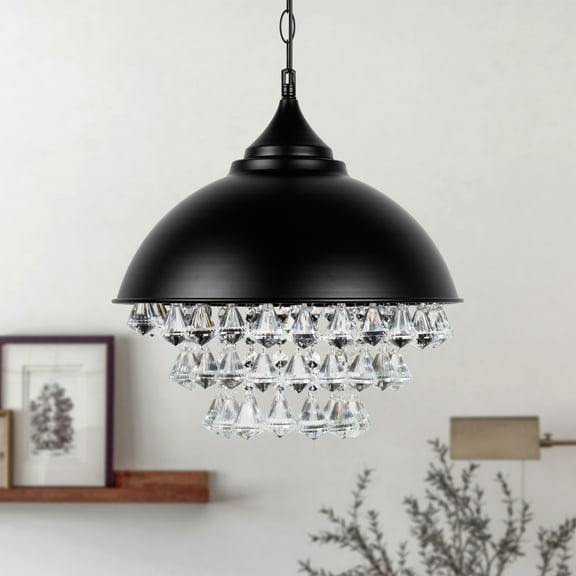 Briignite 1-Light Crystal Pendant Light,Industrial Rustic Hanging Light,Matte Black Dome Shade Celling Light with Crystals for Bedroom Dining Room,Bathroom
