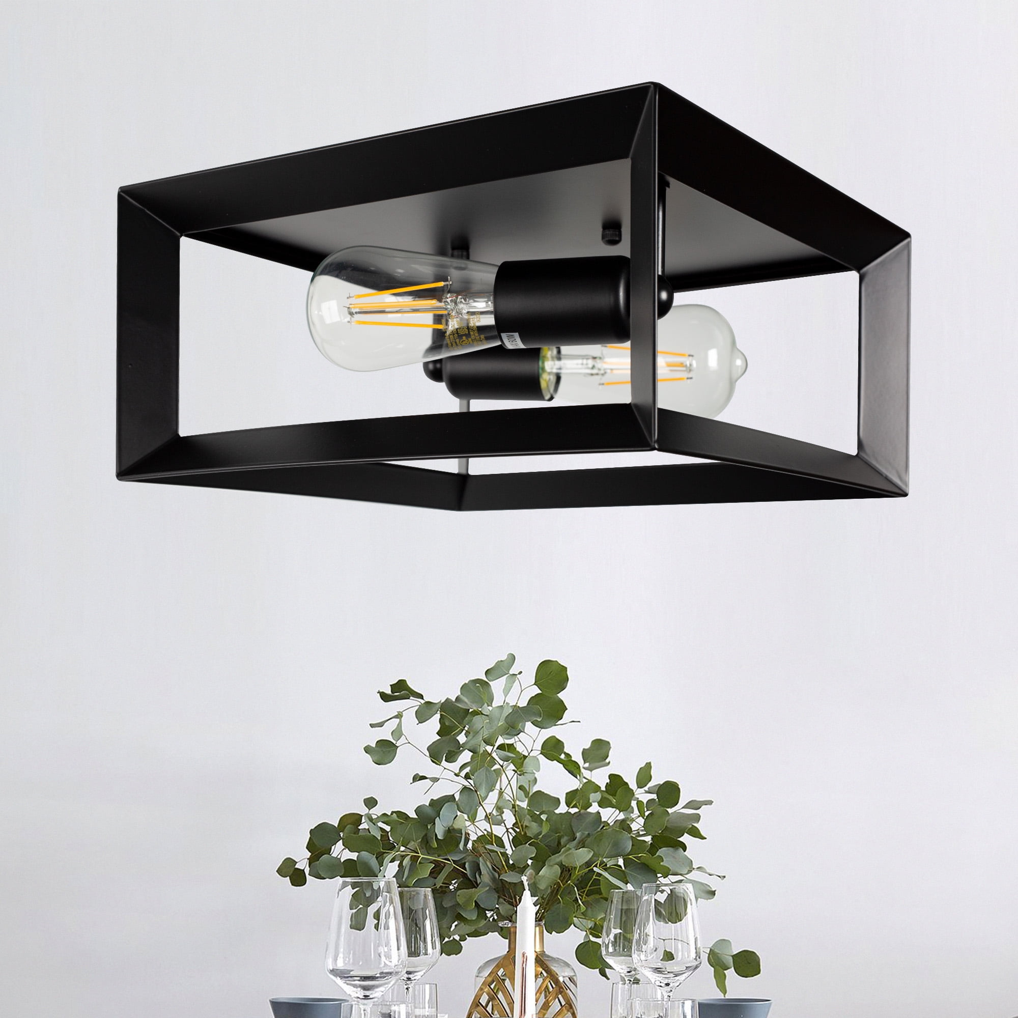 Matte Black 2-Light Square Metal Flush Mount Ceiling Fixture