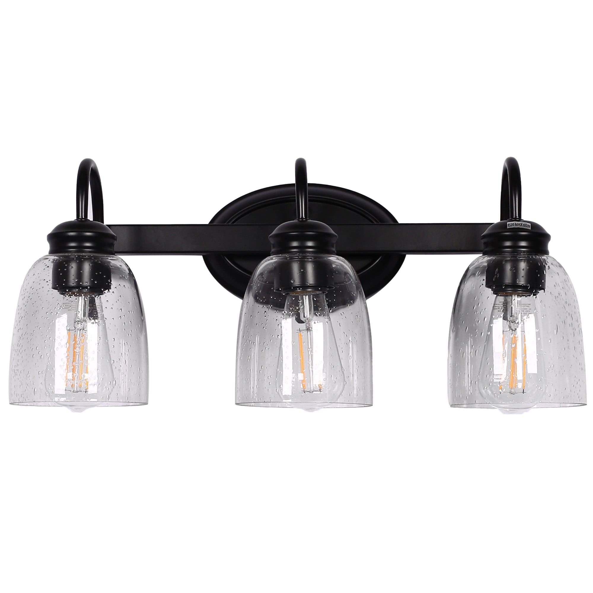 Briignite 3 Light Bathroom Vanity Light Fixtures, Modern Black Vanity Lights Over Mirror, Vintage Wall Sconce with Seeded Glass Shade, Black Vanity Lights for Bathroom