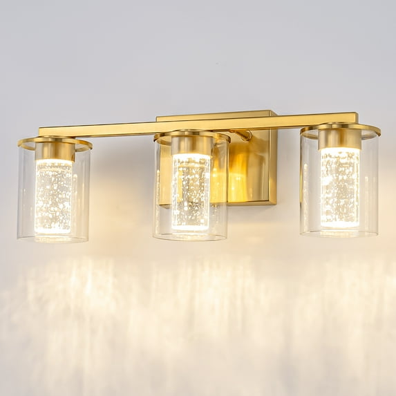 Briignite 3-Light Brushed Gold Vanity Lamp, Clear Glass with Crystal Column, Dimmable Bathroom Light Fixture for Hallway, Kitchen, Bedroom, Living Room