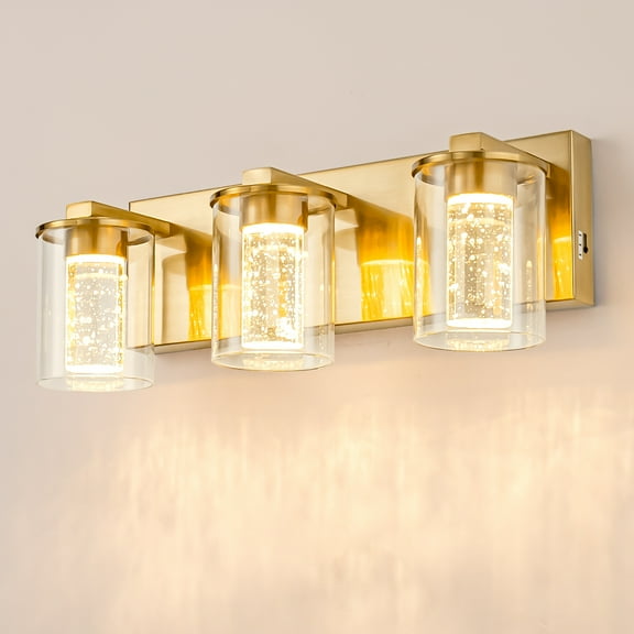Briignite 3-Light Brushed Gold Vanity Lamps, Clear Glass with Crystal Column, Dimmable Bathroom Light Fixture for Hallway, Kitchen, Bedroom, and Living Room