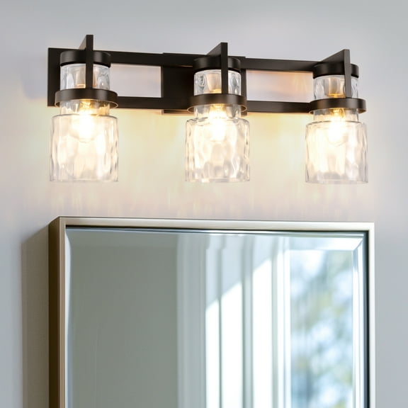 Briignite 3-Light Modern Vanity Light Black Sconce with Hammered Glass Shades, Ideal for Farmhouse and Contemporary Decor