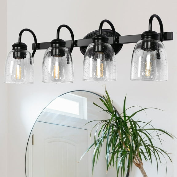 Briignite 4 Light Bathroom Vanity Light, Black Bathroom Light Fixtures with Seeded Glass Shade, Matte Black Finish, Brushed Copper Accent Socket, Modern Black Vanity Lights for Bathroom Over Mirror