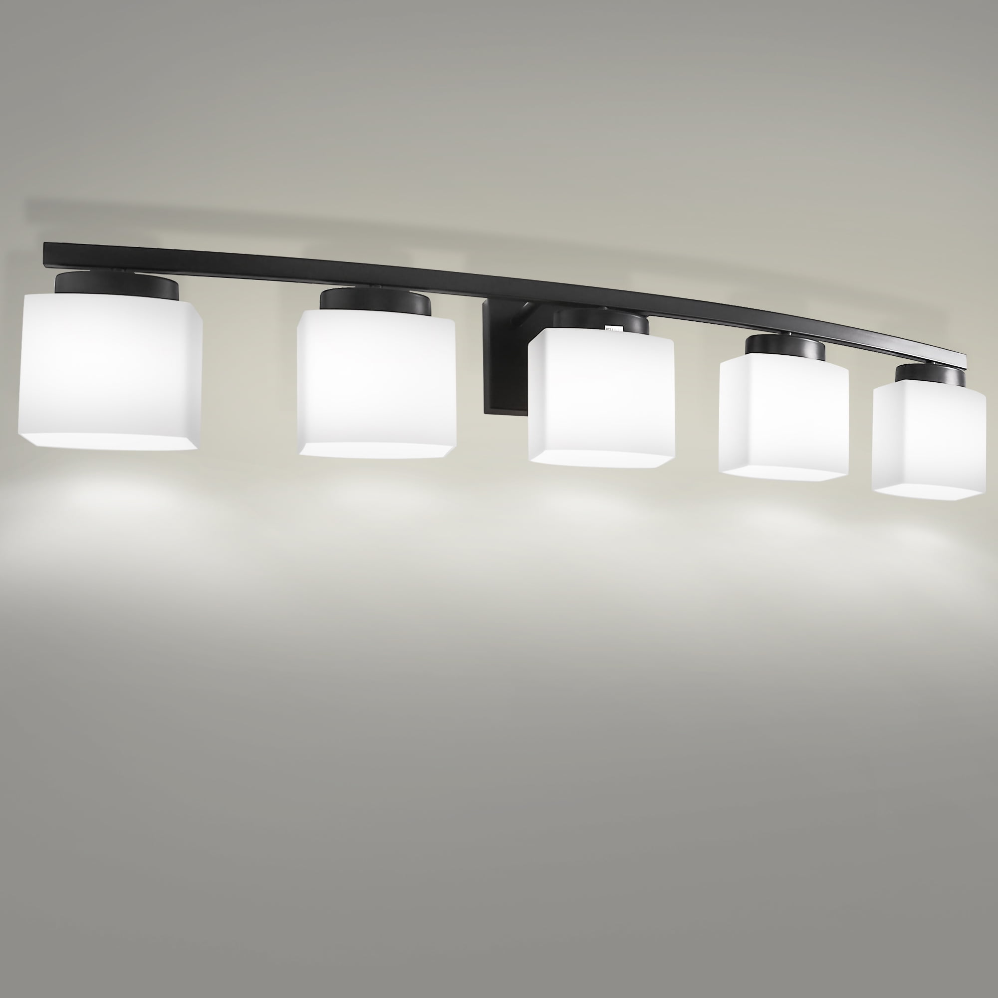 Briignite 5-Light Bathroom Light Fixture with Milk Glass Shades, Modern Stylish Vanity Lighting Fixtures for Bathroom, Black and White