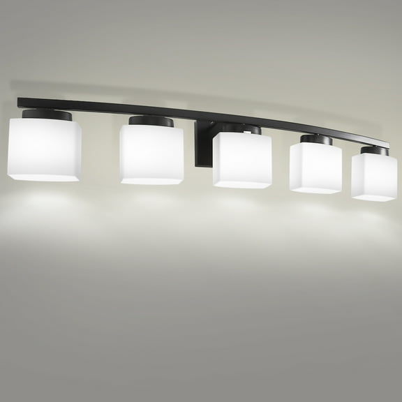 Briignite 5-Light Bathroom Light Fixture with Milk Glass Shades, Modern Stylish Vanity Lighting Fixtures for Bathroom, Black and White