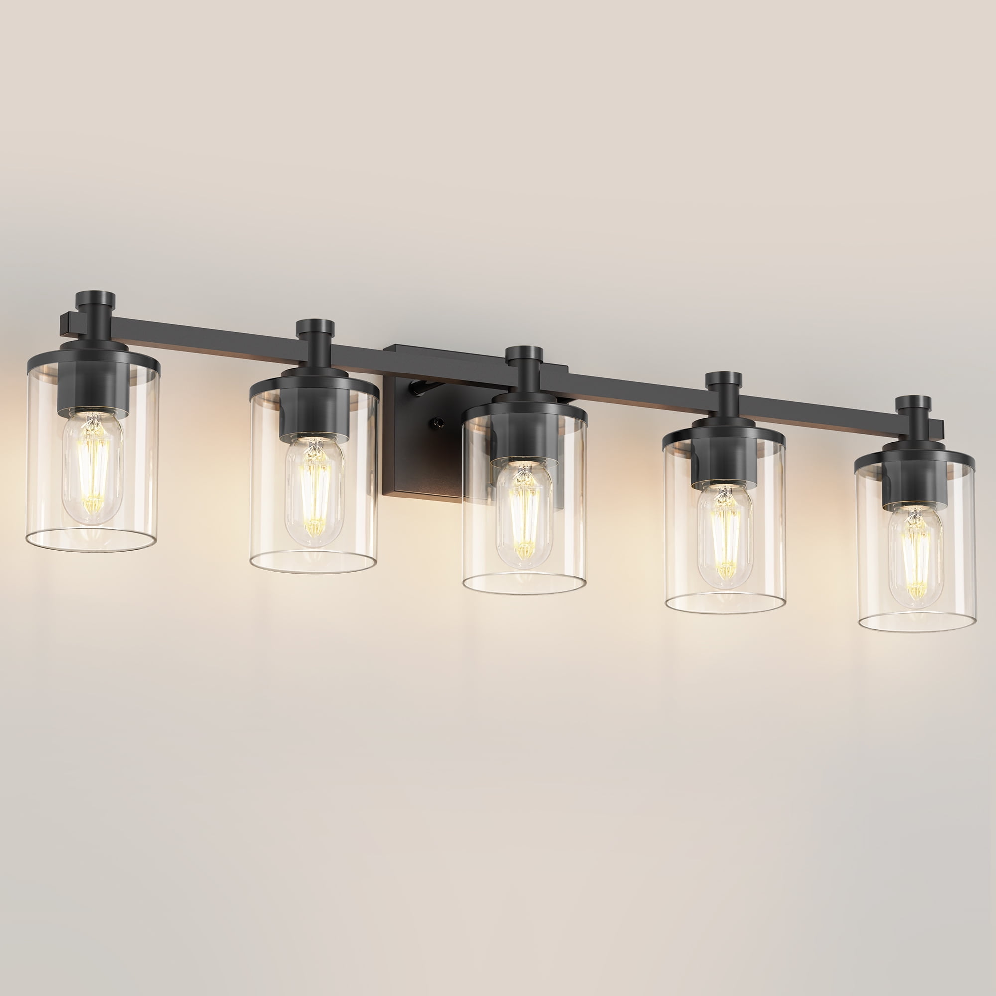 Briignite 5-Light Bathroom Lighting Fixture, Vanity Lamp with Clear Glass Shades, Industrial Wall Mounted Light for Restroom, Black Finish