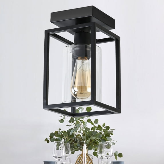 Briignite Farmhouse Flush Mount Ceiling Light Fixture, Black Metal Frame Ceiling Light Fixture with Clear Glass Shade,for Kitchen Island Entryway Porch Foyer
