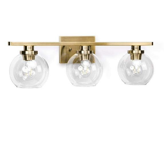 Briignite Gold Farmhouse Bathroom Light Fixtures 3 Lights Vanity Light Fixtures Over Mirror with Clear Glass Shades, Industrial Wall Light Fixture for Bathroom Over Mirror
