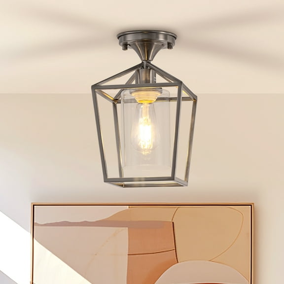 Briignite Industrial Semi Flush Mount Ceiling Light,Nickel, Farmhouse Fixture for Entryway, Hallway, Living Room.