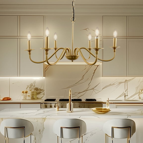 Briignite Modern Farmhouse 6-Light Gold Dining Chandelier, Industrial Candlestick Pendant Lamp for Kitchen & Foyer