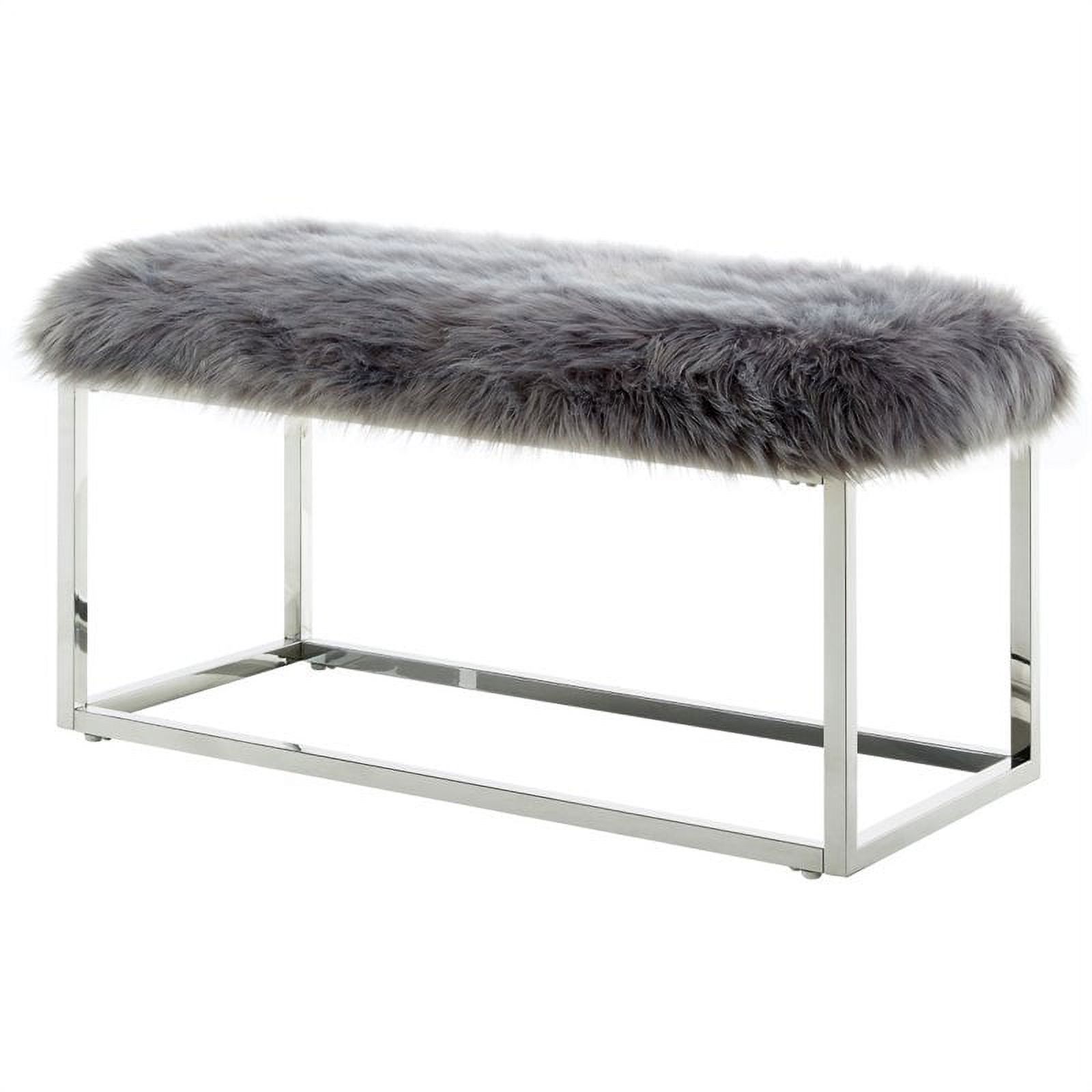 Brika Home Faux Fur Ottoman Bench in Gray and Chrome