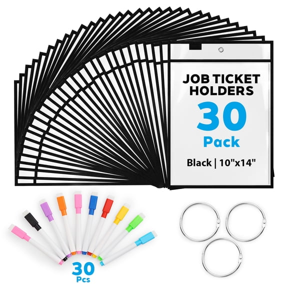 BrilhoGlee 30 Pack Dry Erase Pockets Reusable, 10 x 14 Inch Plastic Sleeves Sheet Protectors with 3 Rings, Ticket Holders, Teacher School Classroom Supplies, Black
