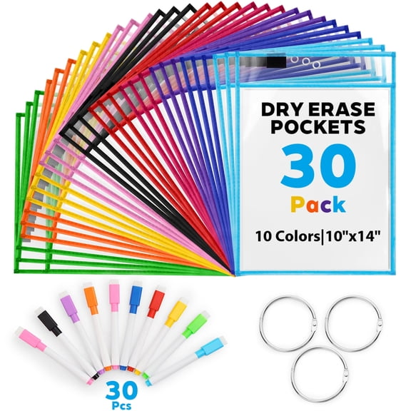 BrilhoGlee 30 Pack Dry Erase Pockets Reusable, 10 x 14 Inch Plastic Sleeves Sheet Protectors with 3 Rings, Ticket Holders, Teacher School Classroom Supplies, 10 Assorted Colors