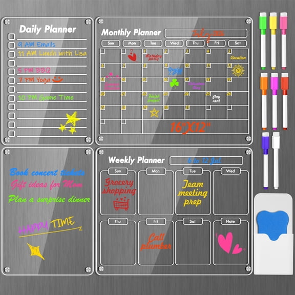 BrilhoGlee 4 Pack Acrylic Magnetic Dry Erase Calendar for Fridge, Weekly Monthly Daily Planning Board, To-Do List Memo Board, Menu Planner