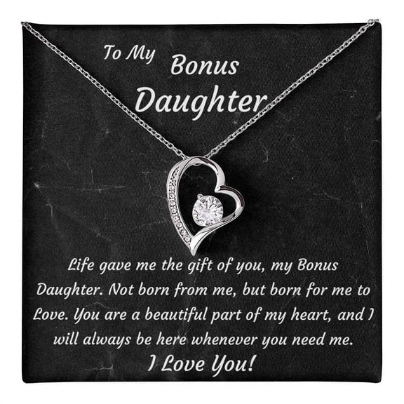 BrillanceAura To My Bonus Daughter 14k White Gold Plated Heart Necklace Birthday, Christmas, Graduation, College