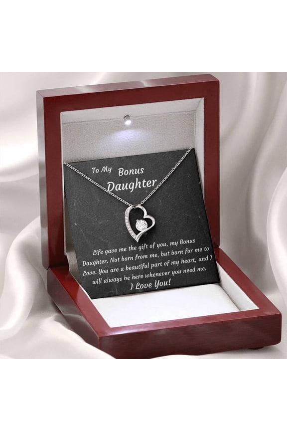 To My Bonus Daughter 14k White Gold Plated Heart Necklace with Mahogany-Like LED Gift Box Birthday, Christmas, Graduation, College