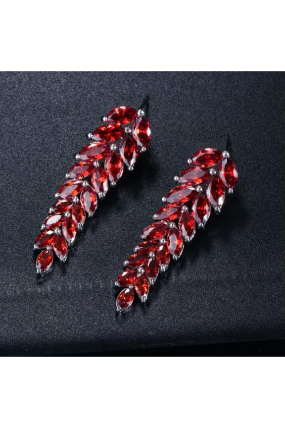 Brillant Silver Plated Red Cubic Zirconia CZ Long Dangly Leaf Crystal Earrings