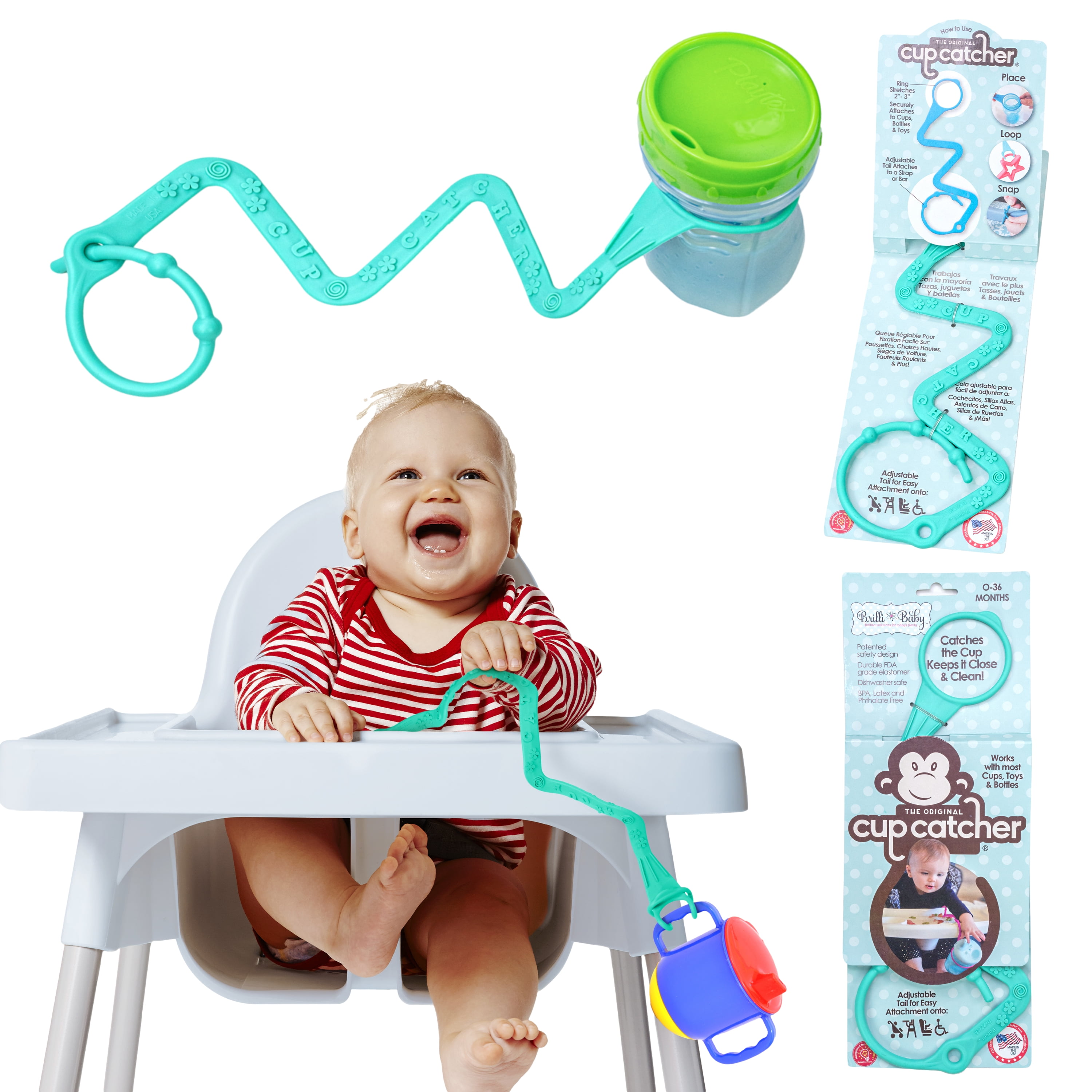 Brilli Baby Cup Catcher - Patented Safety Tether to attach Sippy Cups, Bottles, Toys & Pacifiers to Strollers, High Chairs & Car Seats, Made in USA, FDA grade, Dishwasher Safe (Aqua)