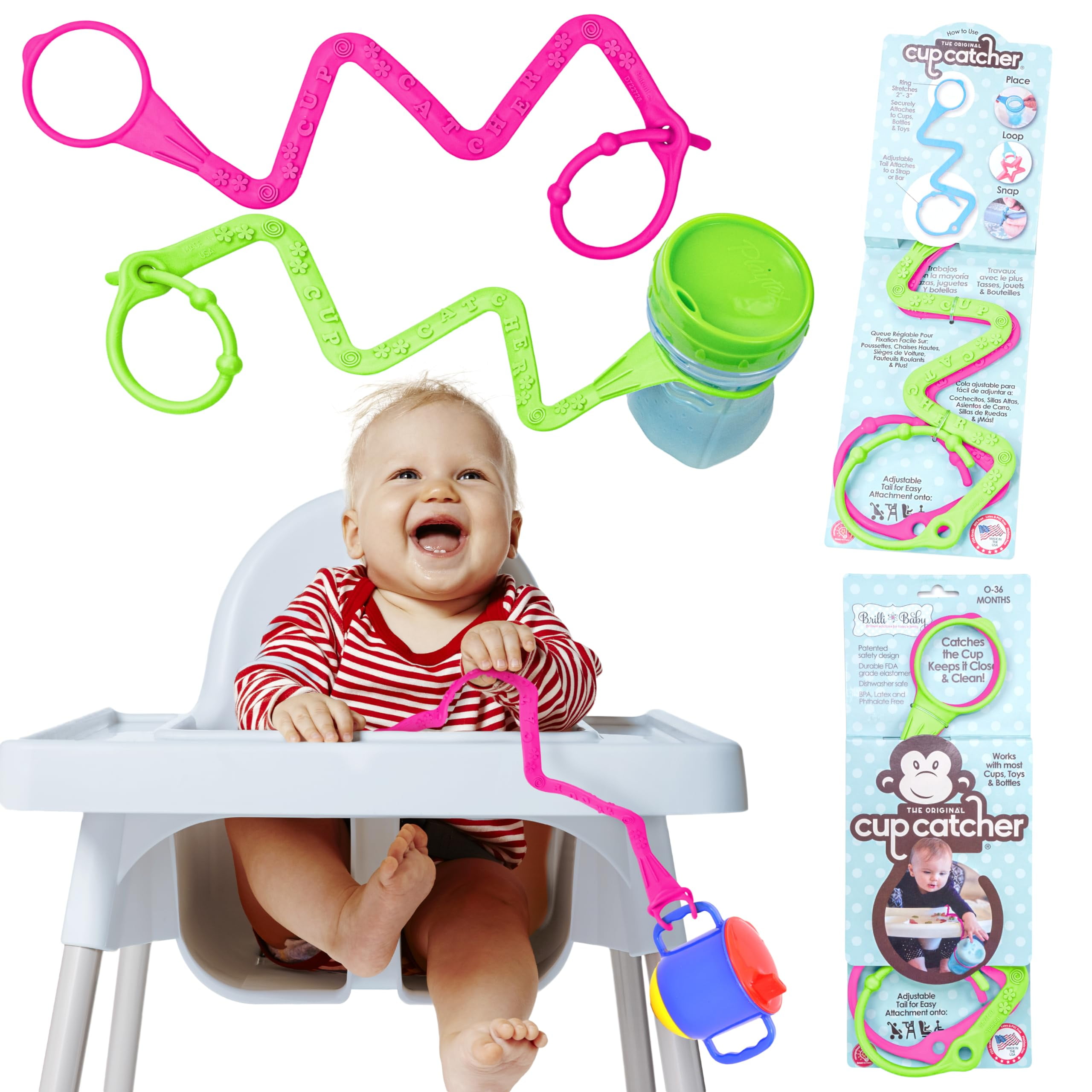 Brilli Baby Cup Catcher - Patented Safety Tether to attach Sippy Cups, Bottles, Toys & Pacifiers to Strollers, High Chairs & Car Seats, Made in USA, FDA grade, Dishwasher Safe - 2 pack (Pink & Lime)