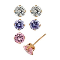 Brilliance 10kt Yellow Gold Multi-Color CZ Stud Earrings Set, 3 Pairs