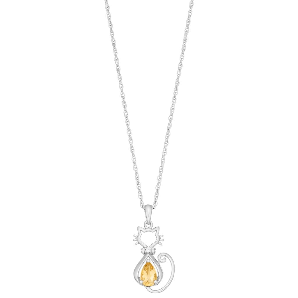 Brilliance 925 Sterling Silver Citrine and Created White Sapphire Cat Pendant with 18" Chain