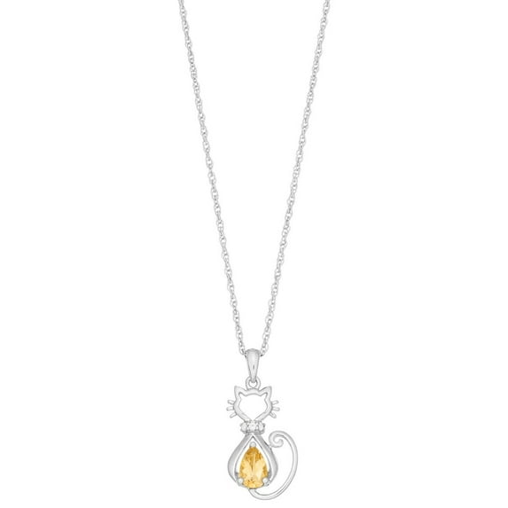 Brilliance 925 Sterling Silver Citrine and Created White Sapphire Cat Pendant with 18" Chain