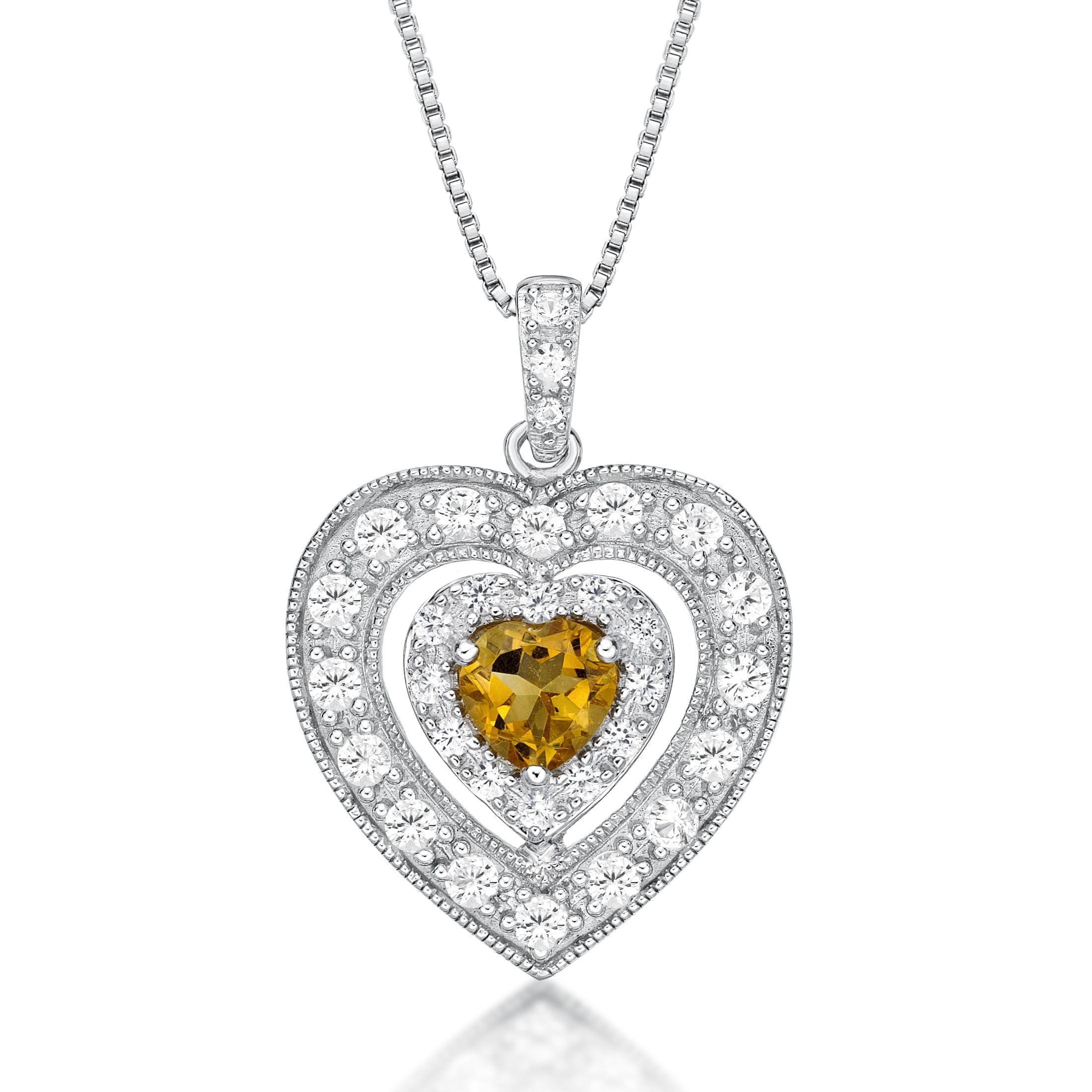 Brilliance 925 Sterling Silver Citrine and Created White Sapphire Heart Pendant with 18" Chain