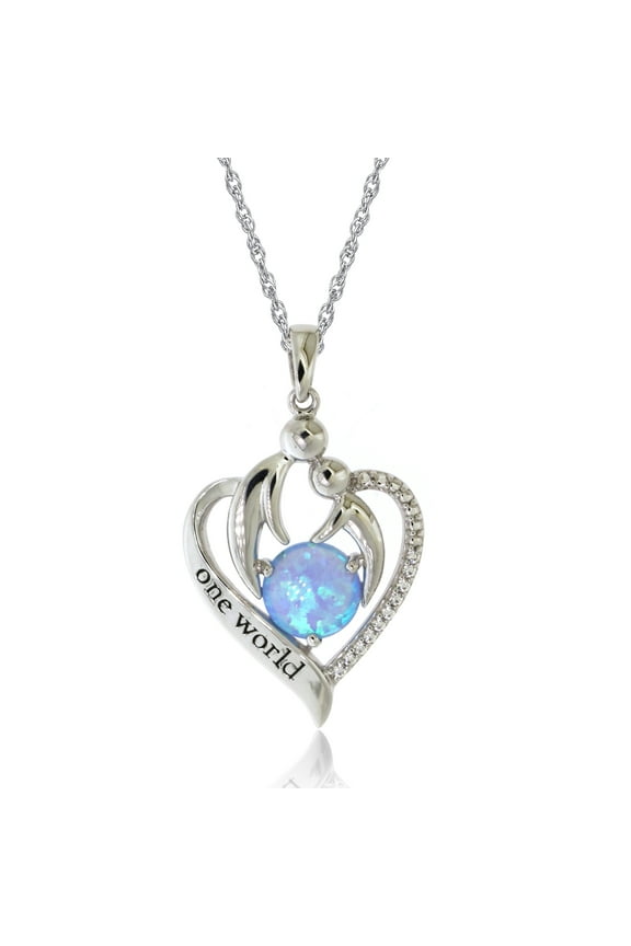 Brilliance 925 Sterling Silver Created Blue Opal and Diamond accent Heart Pendant with 18" Chain
