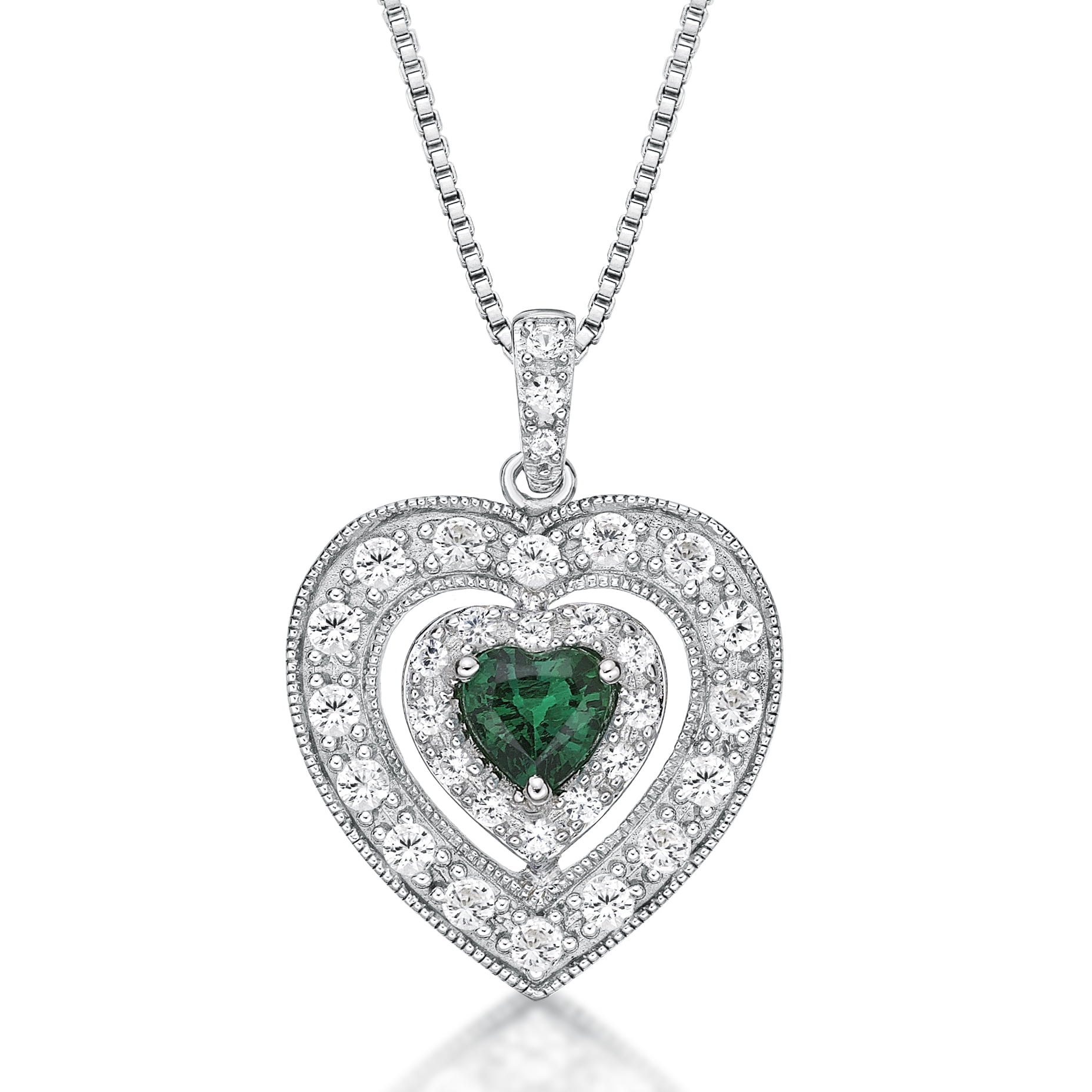 Brilliance 925 Sterling Silver Created Emerald and Created White Sapphire Heart Pendant with 18" Chain
