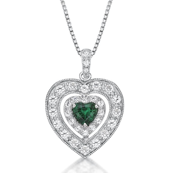 Brilliance 925 Sterling Silver Created Emerald and Created White Sapphire Heart Pendant with 18" Chain