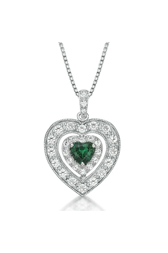 Brilliance 925 Sterling Silver Created Emerald and Created White Sapphire Heart Pendant with 18" Chain