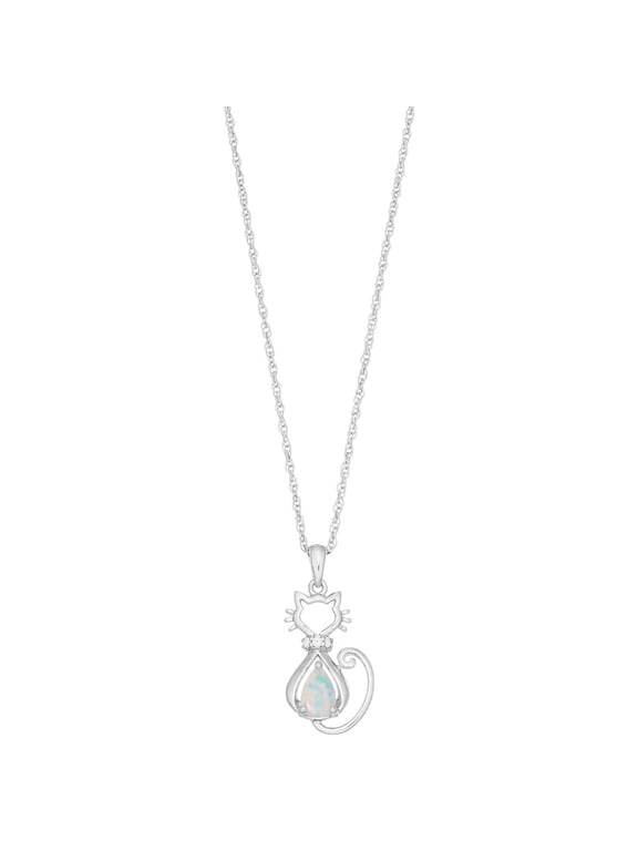 Brilliance 925 Sterling Silver Created Opal and Created White Sapphire Cat Pendant with 18" Chain