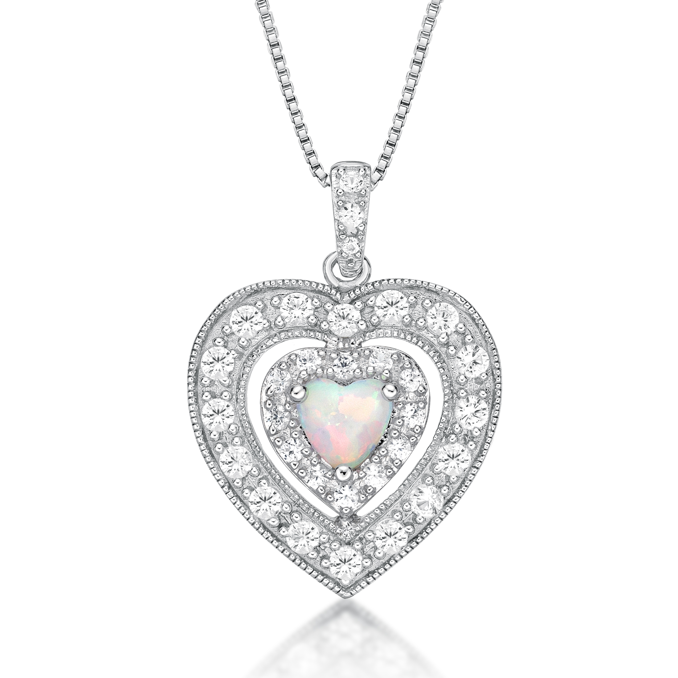 Brilliance 925 Sterling Silver Created Opal and Created White Sapphire Heart Pendant with 18" Chain