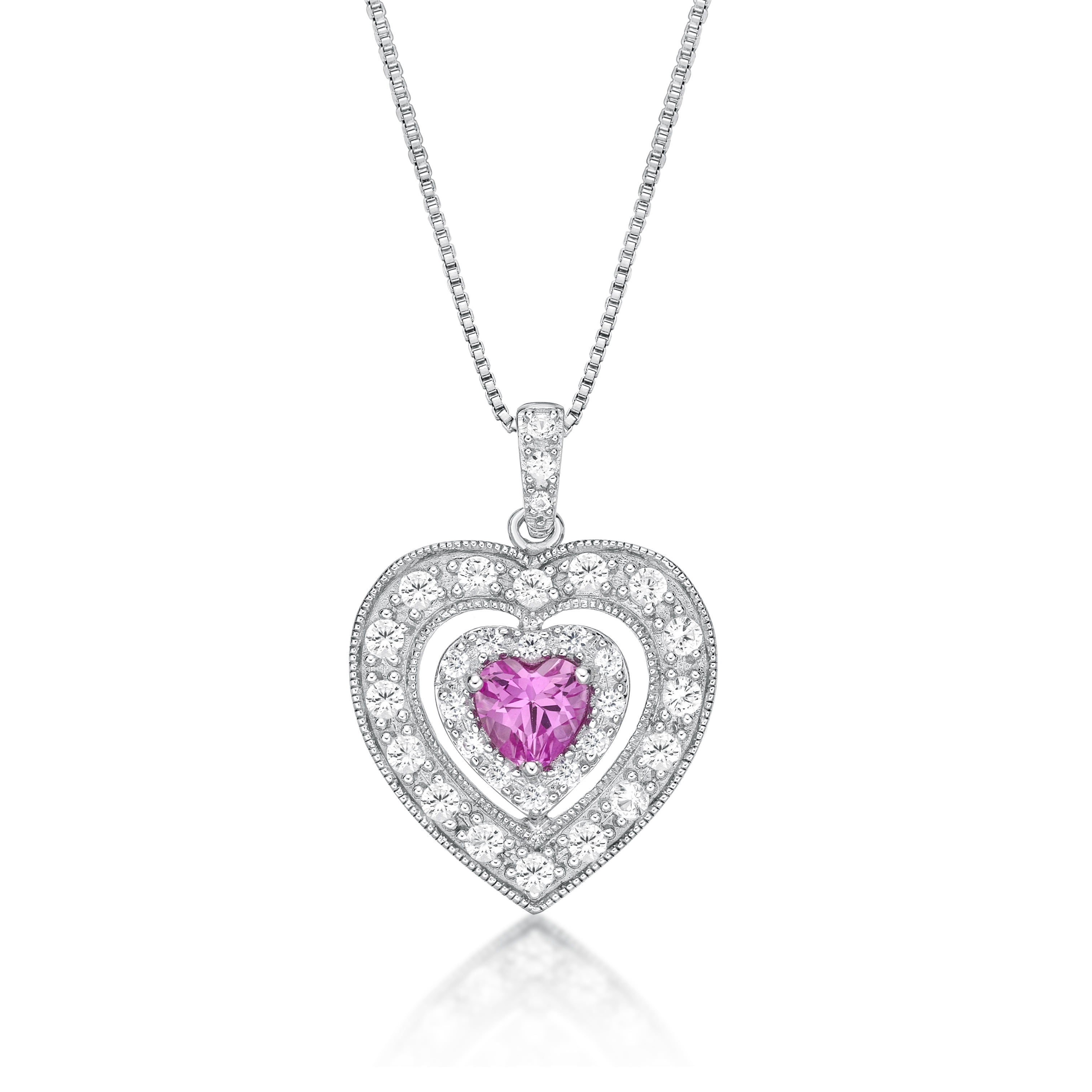 Brilliance 925 Sterling Silver Created Pink Sapphire and Created White Sapphire Heart Pendant with 18" Chain
