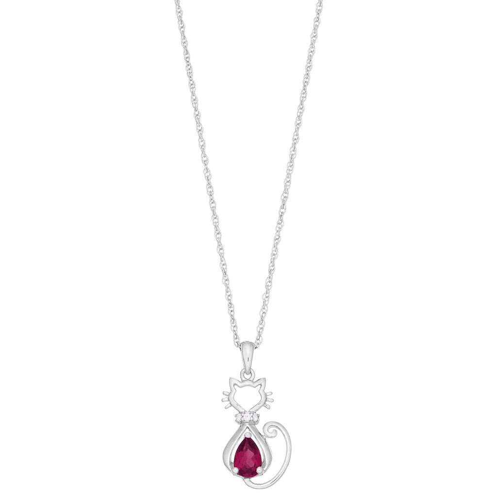 Brilliance 925 Sterling Silver Created Ruby and Created White Sapphire Cat Pendant with 18" Chain