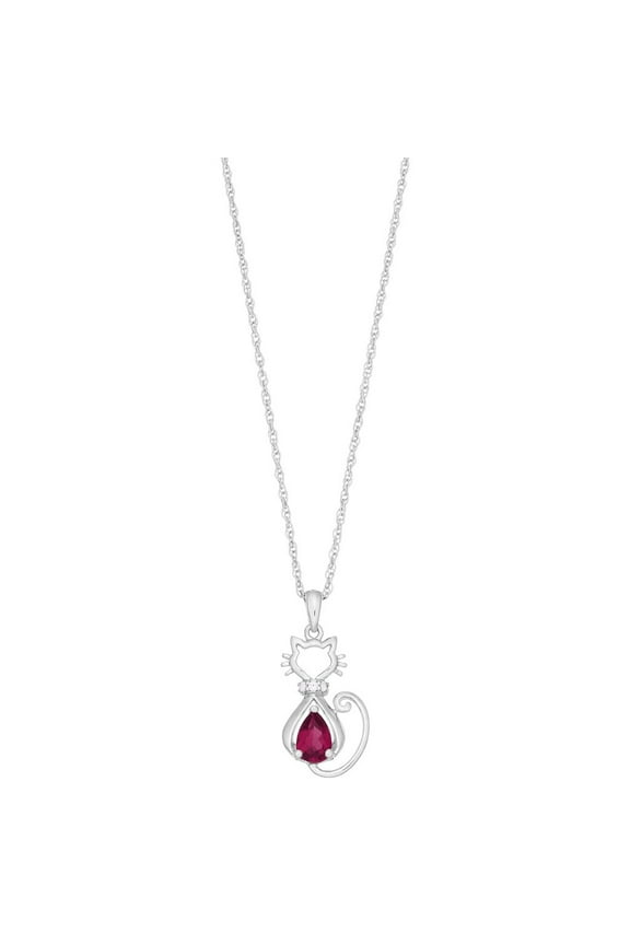 Brilliance 925 Sterling Silver Created Ruby and Created White Sapphire Cat Pendant with 18" Chain